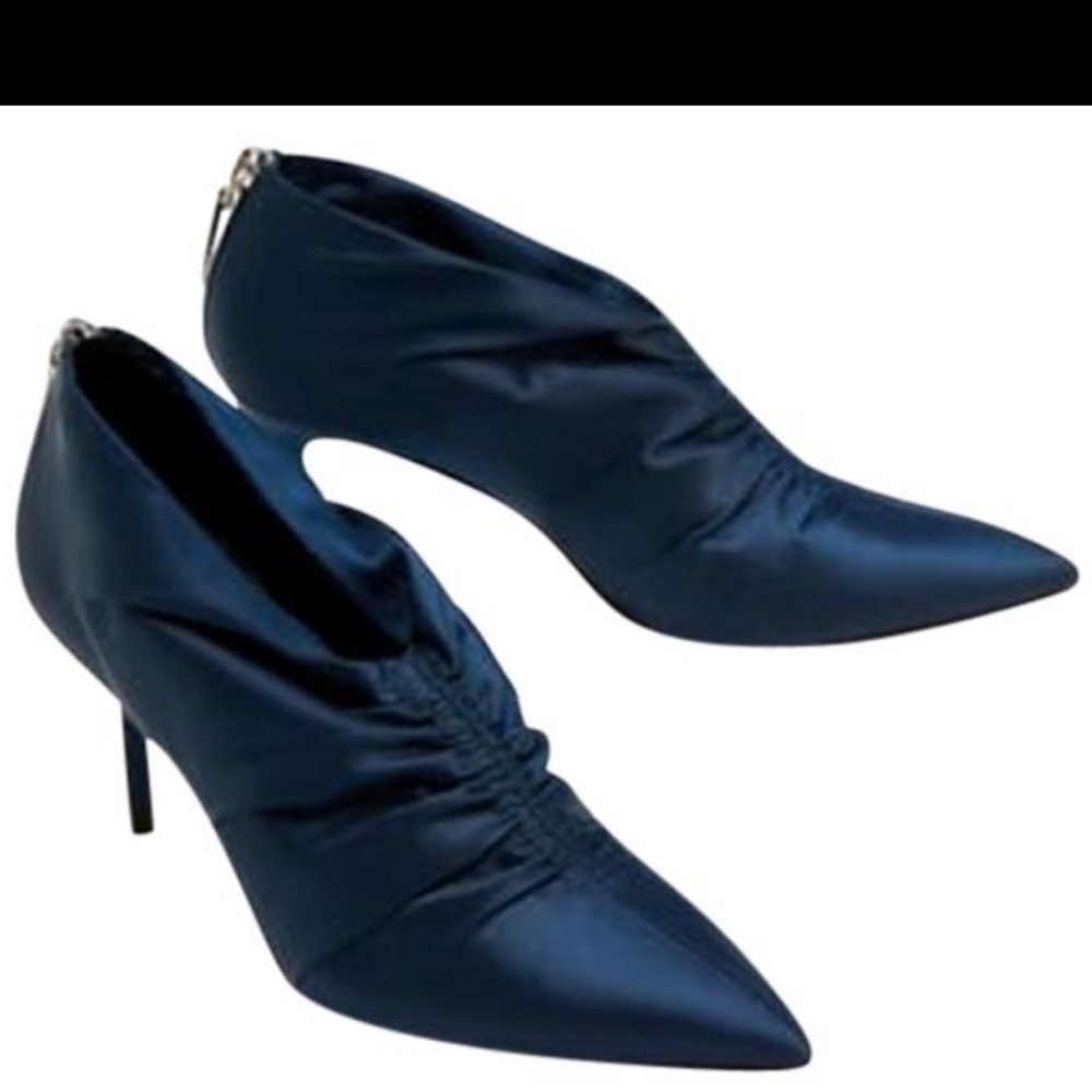 Zara Dark Blue Satin Ruched Pointed Ankle Booties